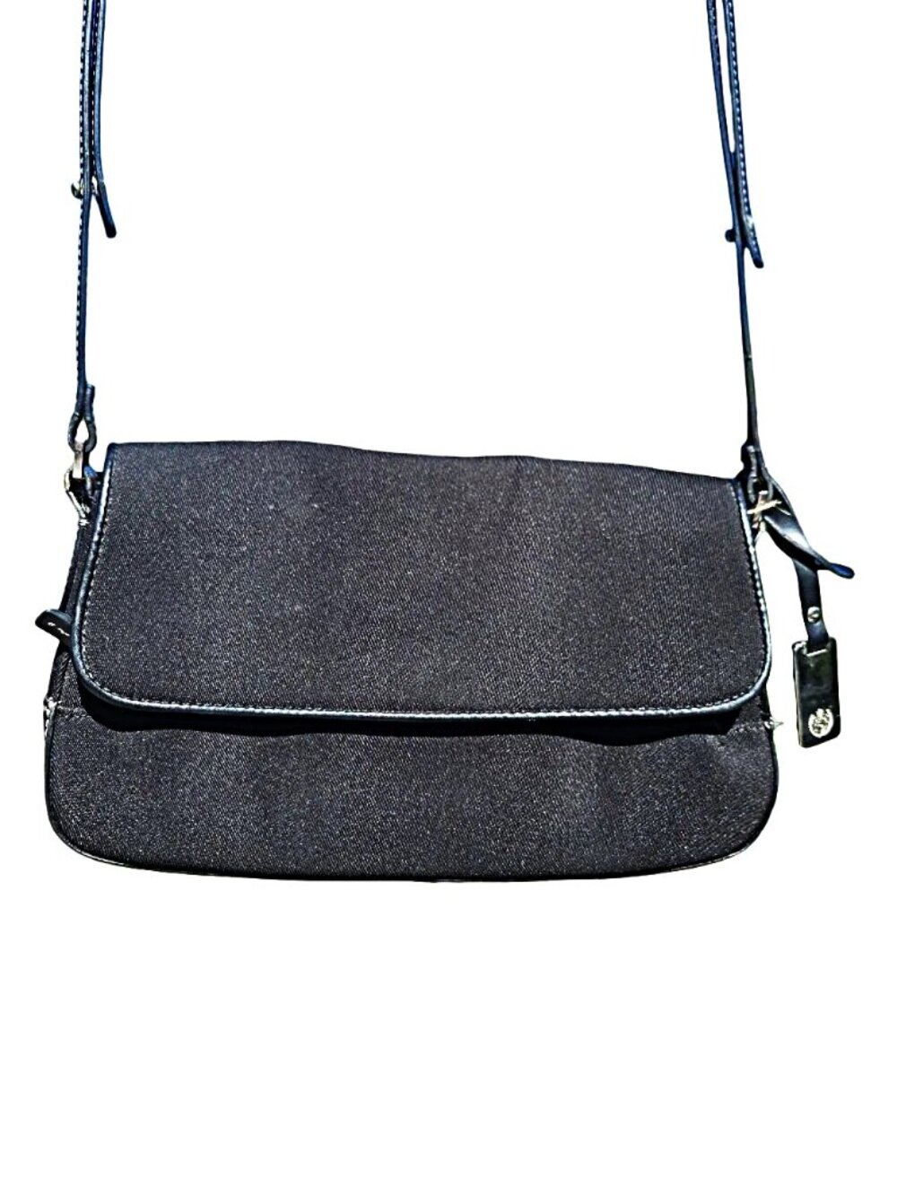 Vintage 90s Liz Claiborne Minimalist Black Canvas Flap Purse Silver Hardware